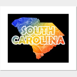 Colorful mandala art map of South Carolina with text in blue, yellow, and red Posters and Art